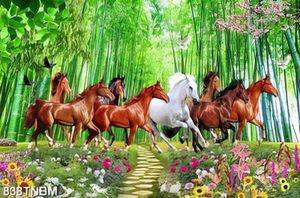 Tranh trang trí nội thất bát mã trong rừng tre xanh