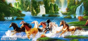 Tranh sơn dầu sơn thủy bát mã vượt dòng nước