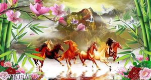Tranh trang trí tường bát mã và hoa mộc lan file gốc