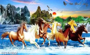 Tranh decor bát mã vượt thác nước đẹp nhất in kính
