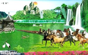 Tranh đàn ngựa bên thác nước in uv