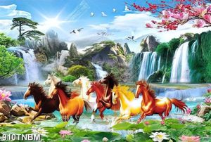 Tranh bát mã và hoa sen decor tường in kính