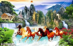 Tranh bát mã vược thác bên ngôi nhà gỗ file PSD