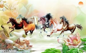 Tranh giả ngọc bát mã và cò bên hoa sen in uv