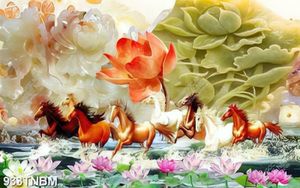 Tranh đá bát mã và hoa sen in kính