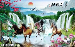 Tranh thư pháp sơn thủy bát mã in kính
