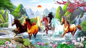 Tranh bát mã bên đồi núi in kính file gốc