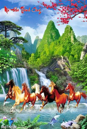 Tranh trang trí nội thất bát mã vượt con thác đẹp nhất