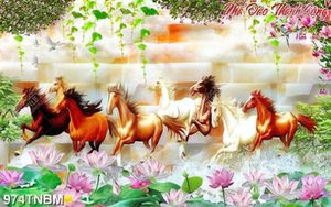 Tranh đá trang trí tường bát mã và hoa sen chất lượng cao