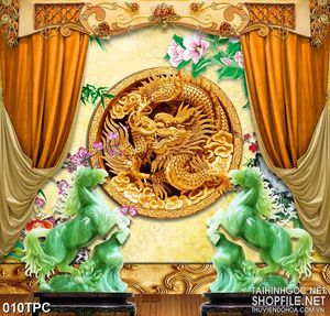 Tranh rèm màn ngựa giả ngọc bên rồng vàng decor trang trí