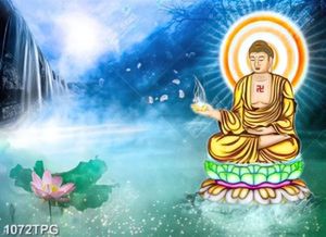 Tranh sơn dầu Phật Tổ bên thác nước
