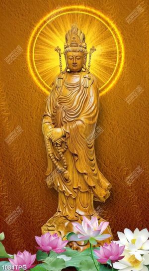 Tranh tượng Phật Quan Âm bằng gỗ và hoa Sen