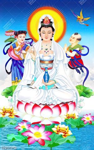 Tranh Quan Âm Bồ Tát tiên đồng in kính đẹp