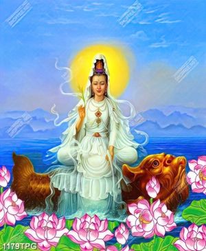 Tranh sơn dầu Phật Quan Âm cưỡi cá chép