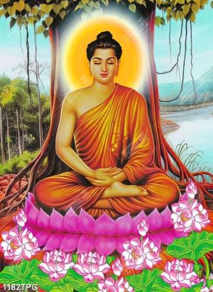 Tranh sơn dầu Phật Thích Ca và gốc bồ đề