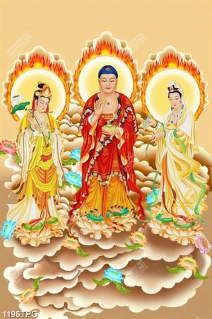 Tranh Đức Phật và 2 Bồ Tát in kính đẹp chất lượng cao