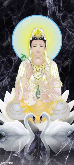 Tranh Phật Quân Âm và thiên nga in gạch đẹp