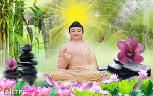 Tranh Phật A Di Đà và Sen in kính chất lượng cao