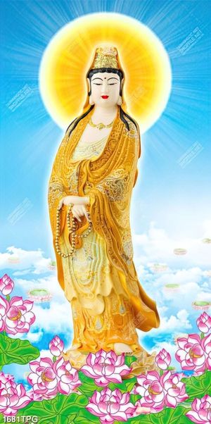 Tranh tượng Phật Bà Quan Âm và hoa Sen in kính