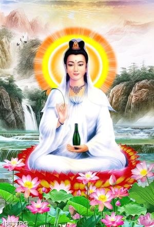 Tranh Quan Thế Âm Bồ Tát và thác nước đẹp