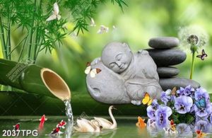 Tranh chú tiểu bằng đá nền tre đẹp