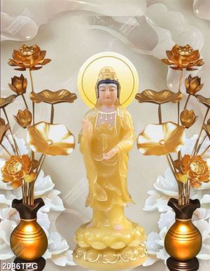 Tranh hoa Sen và Phật Quan Âm nền đá giả ngọc