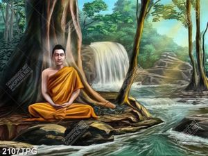 Tranh sơn dầu Phật Thích Ca và thác nước đẹp