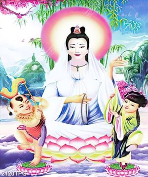 Tranh Quan Âm và 2 tiên đồng đẹp
