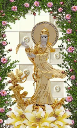 Tranh tượng Quan Âm nền hoa đẹp