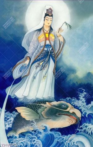 Tranh sơn dầu Quan Âm cưỡi cá chép
