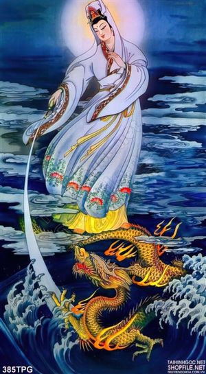 Tranh phật Quan Âm cưỡi rồng