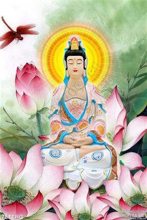 Tranh Phật Quan Âm và hoa sen