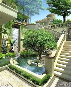 Tranh sân vườn nhà biệt thự cổ