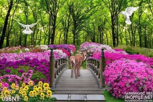 Tranh cảnh khu rừng mùa xuân và hươu