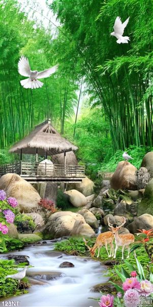 Tranh rừng tre và dòng suối