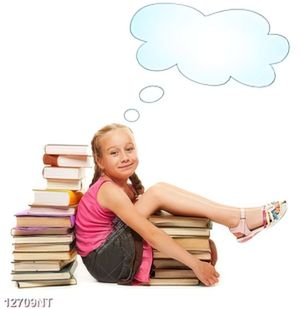 Tranh cô bé ngồi bên chồng sổ sách