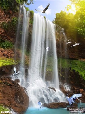 Tranh cánh cò bên thác nước