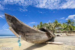 Tranh thuyền gỗ trên bãi cát