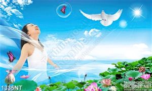Tranh cô gái và hoa sen