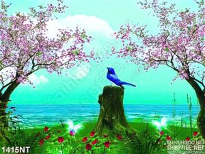 Tranh chim hót giữa rừng đào