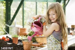 Tranh cô bé tưới cây