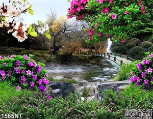 Tranh hồ nước giữa vườn hoa