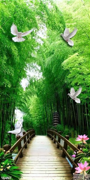 Tranh phong cảnh rừng tre và cây cầu
