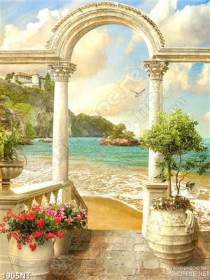 Tranh lâu đài trên bãi biển 3d