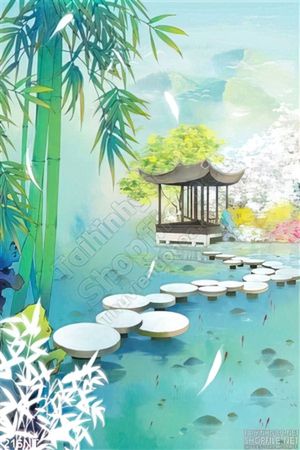 Tranh thư pháp cây tre và chòi nghỉ