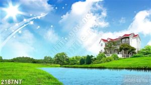 Tranh biệt thự bên bờ sông treo tường