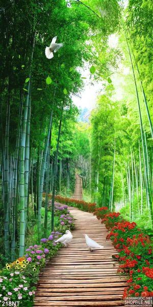 Tranh con đường hoa vào rừng tre