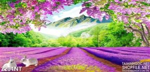 Tranh vẽ rừng hoa tím bên chân núi