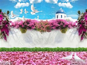 Tranh khu vườn đầy hoa tím và bồ câu