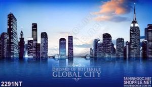 Tranh thành phố trên biển xanh về đêm